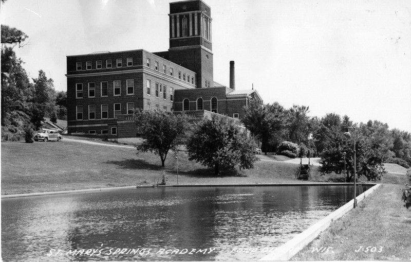 St. Mary's Springs Academy with the swimming pool in the foreground, 1930s.