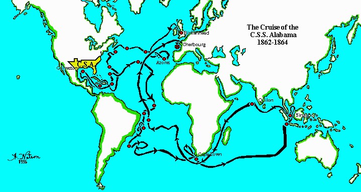 The CSS Alabama and the path Raphael Semmes had took. 