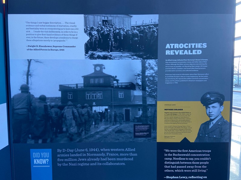 Black and white images of American soldiers marching into Buchenwald concentration camp, and General Dwight D. Eisenhower stands with his hands on his hips viewing bodies of camp prisoners on the ground.