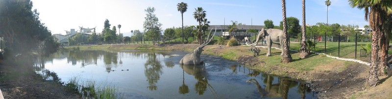 The grounds feature this tar pit pond that has life-size replicas of mammoths.