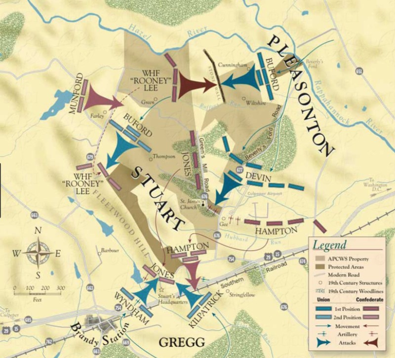 A map of Union and Confederate forces fighting at Brandy Station.