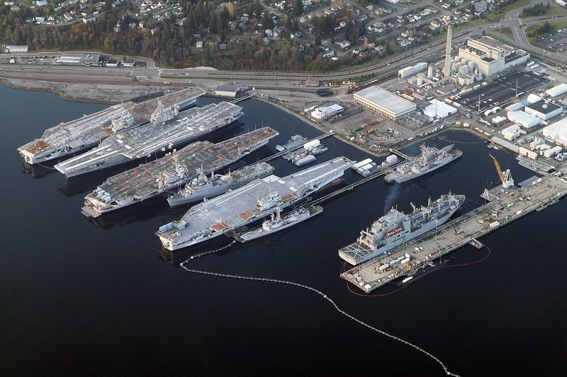 4 decommissioned aircraft carriers docked at the shipyard 