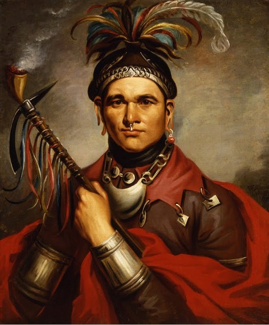 A similarly fanciful painting of Chief Cornstalk. During the American Revolution, Cornstalk traveled back to warn the colonists that Britain was seeking to ally with the Shawnee. Suspicious, the colonists imprisoned him, and he was murderd in 1877.