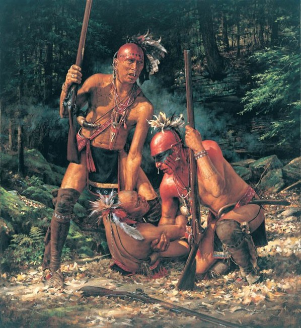 A painting of Shawnee warriors in battle. Many colonists felt the Shawnees were the fiercest and most dangerous of the tribes along the frontier, renowned for bravery in battle. Courtesy of Warfare History Network.