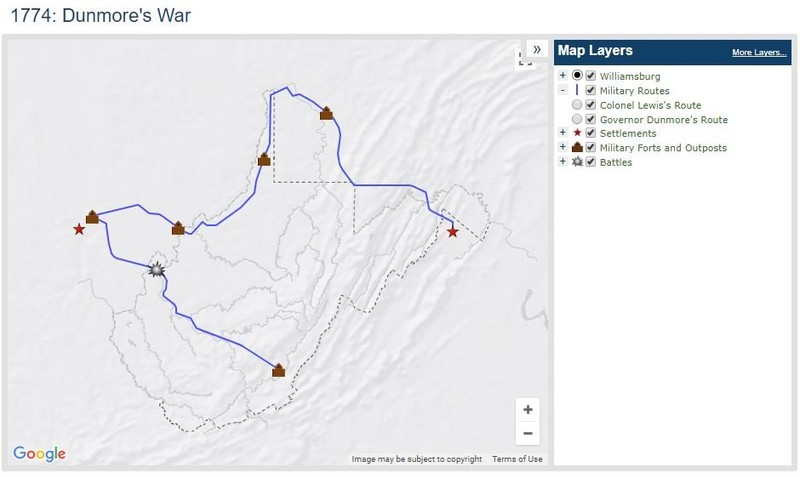 Extract from an interactive map at the online WV Encyclopedia, detailing the routes of Dunmore's troops and several frontier fortifications. The WV Encyclopedia features a number of customizable, interactive maps in their Features section.