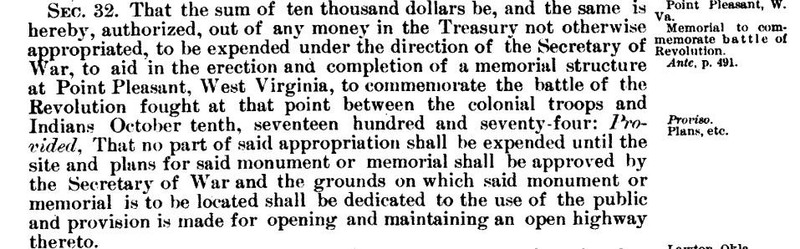 The 1908 Act of Congress designating Point Pleasant as a battle of the American Revolution, which would rank it as the very first, several months before Lexington and Concord. Library of Congress.