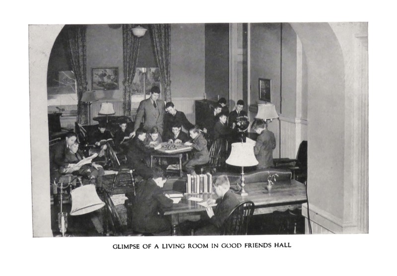 Photo of students in a living room of Good Friends Hall.