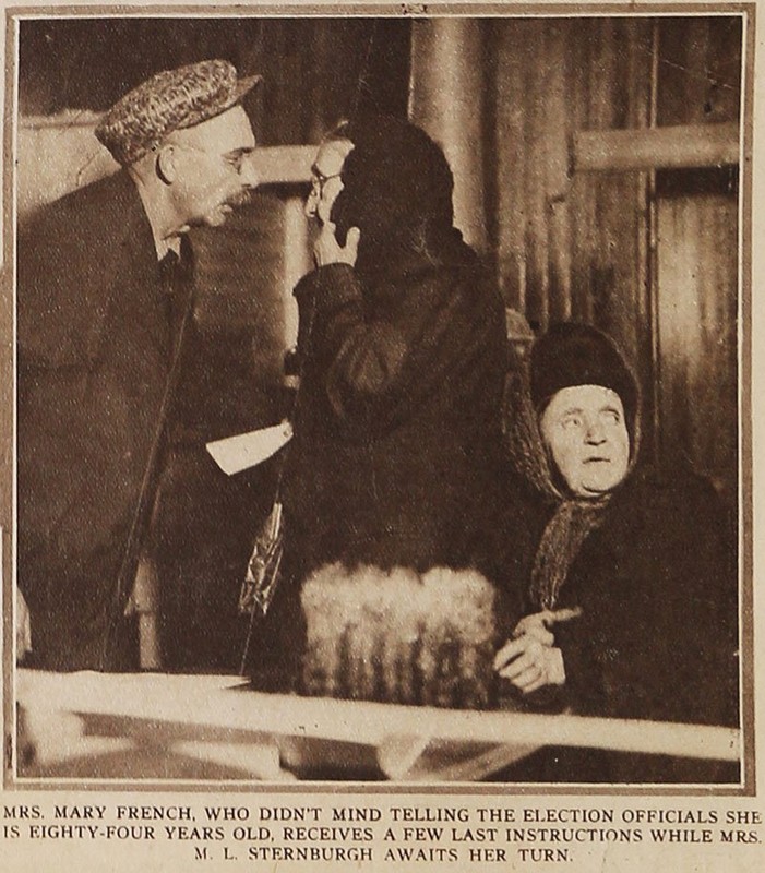 84-year-old Mary French and Mrs. M.L. Sternburgh prepare to vote at Lisle Village Hall January 5, 1918.