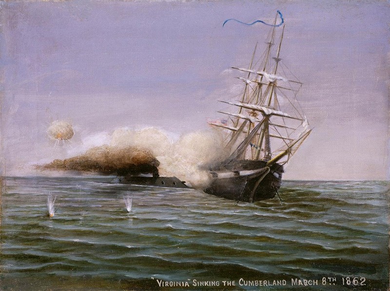 Benjamin Adworth Richardson, "Virginia Sinking the Cumberland March 8th, 1862," oil on canvas, 1907. On display on the second floor gallery.