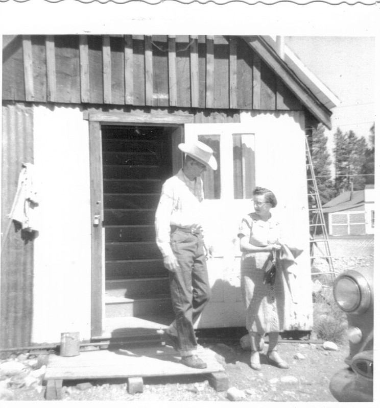 Teacher Alfred Boyd and his mother, at the rear of the schoolhouse, cicra 1956. Boyd lived in the second floor of the Schoolhouse. 