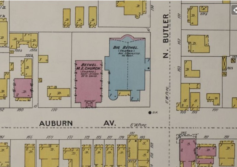 1899 map showing Big Bethel A.M.E. under construction (stone, blue), next to existing church (brick, red) (Sanborn Map Company p. 45)