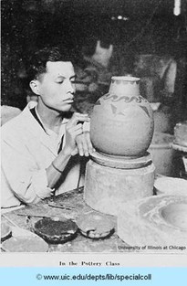 Jesus Torres in a pottery class held at the Hull-House Kilns in 1927. He would later become a leading Mexican-American Artist in Chicago. 