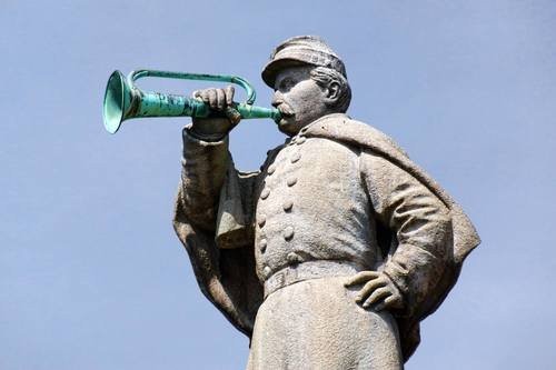 A close-up of the "Trumpeter" which sits atop the city's Civil War Memorial and is located in front of the Old City Hall.
