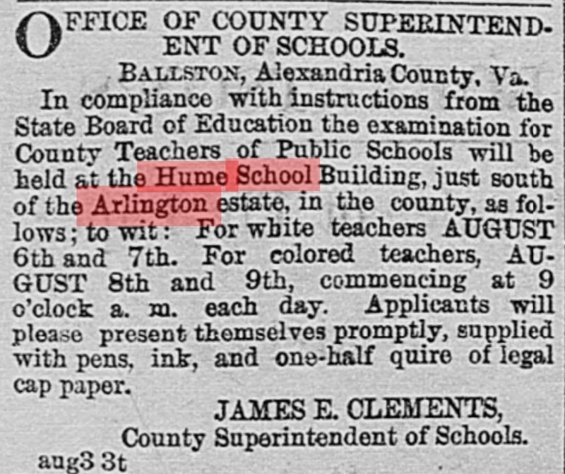 1895 newspaper notice of segregated testing of teachers to be held at Hume School