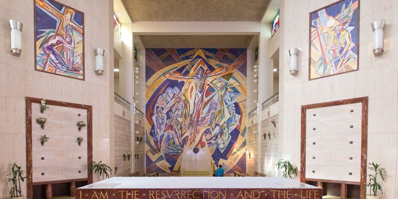 The murals inside the mausoleum, painted by Isabel Piczek