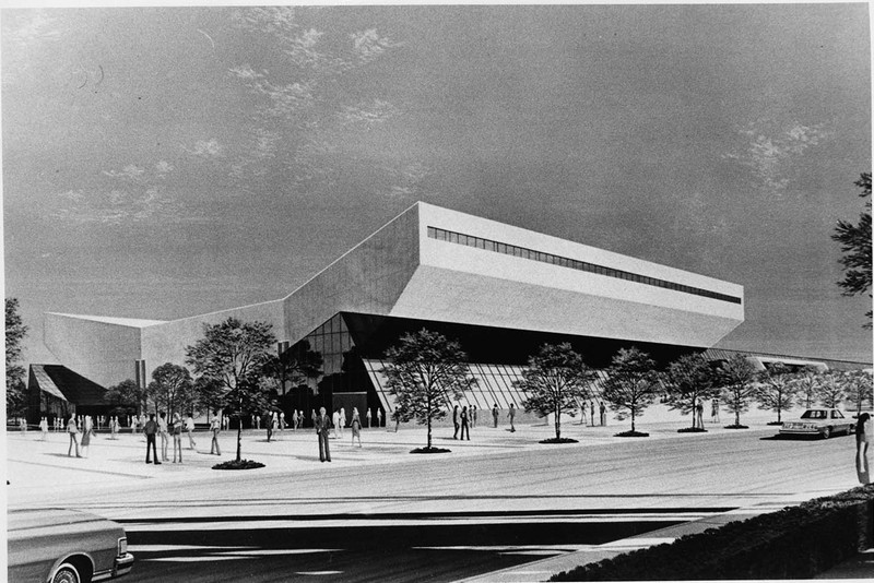 Concept art for the Cam Henderson Center. The exterior is known for its distinct butterfly shape.