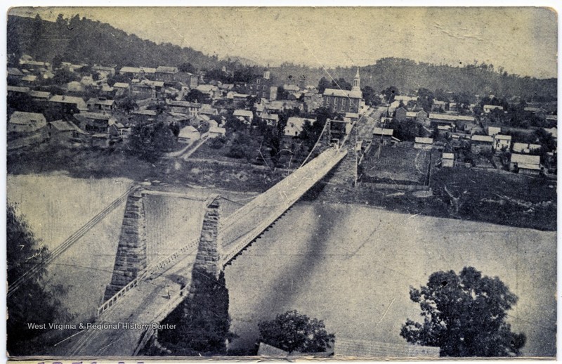 The original suspension bridge from Morgantown to Westover in 1856, two years after its construction.