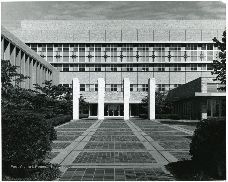 The Pylons were once located outdoors before the School of Medicine was renovated. Courtesy of WVU Libraries, West Virginia and Regional History Center.