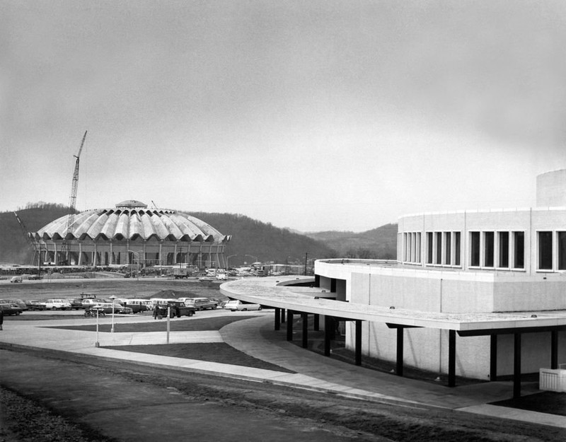 The CAC completed in the foreground while the Coliseum is being built in the background.