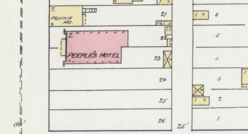 1893 Sanborn Fire Insurance Map with Rochester (Peeple's) Hotel (Sanborn Map Company, p. 6)