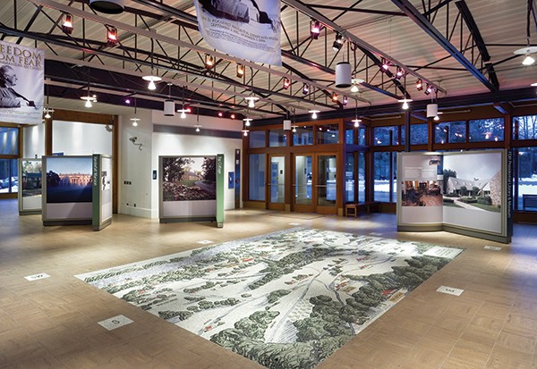 The floor mural at the Henry Wallace Visitor Center that depicts the Roosevelt Estate and other landmarks in Hyde Park