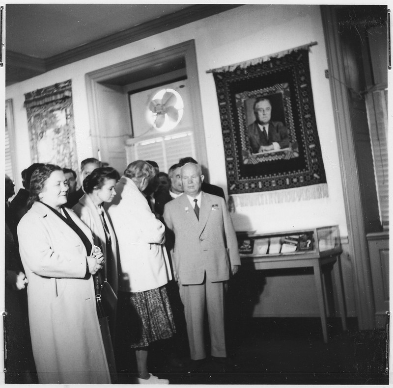 Eleanor Roosevelt gives Soviet Premier Nikita Khrushchev and his wife Nina a tour of the FDR Library, September 18, 1959