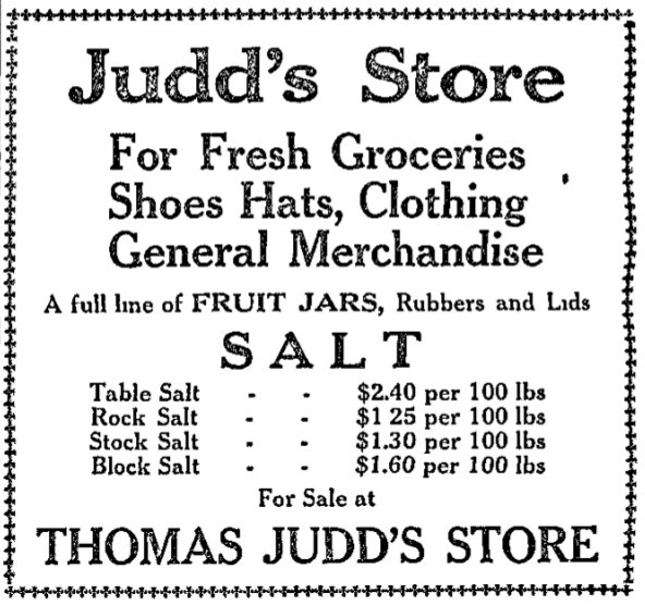 1916 newspaper ad for merchandise at Thomas Judd's Store