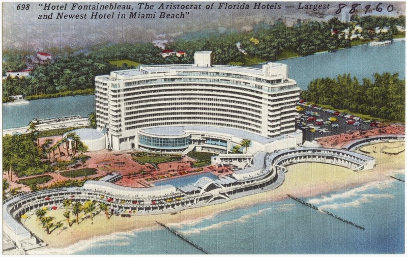 Postcard of "Hotel Fontainebleau, the aristocrat of Florida hotels- largest and newest hotel in Miami Beach", c. 1930-45. Credit: Boston Public Library, The Tichnor Brothers Collection