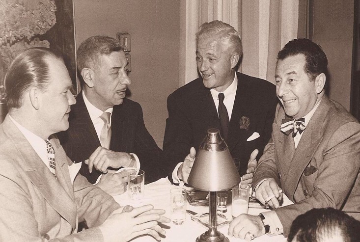 Dave Chasen, on the right, with Vincent Flaherty, a speechwriter for John F. Kennedy, Michael Romanoff, owner of Romanoff's Restaurant, and Charlie Morrison, owner of The Mocambo nightclub 