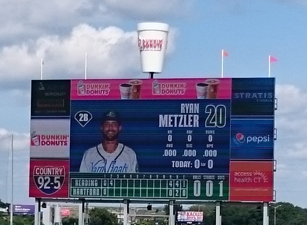 The scoreboard with the coffee cup that steams when a Yard Goats player homers.