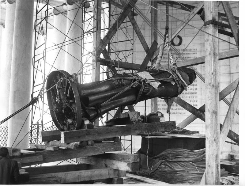 The Jefferson statue was hoisted into place atop a granite pedestal. Photo courtesy of the National Park Service. 