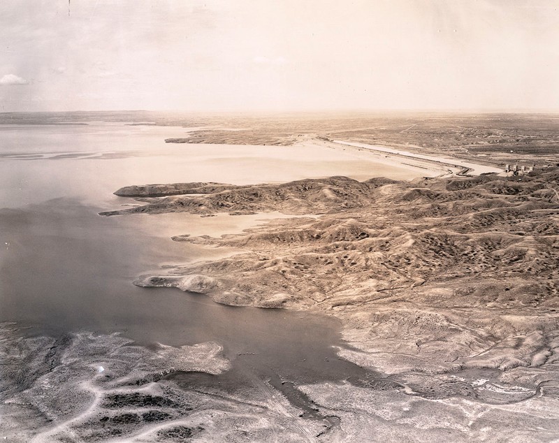 This aerial view shows the dam looking west.
