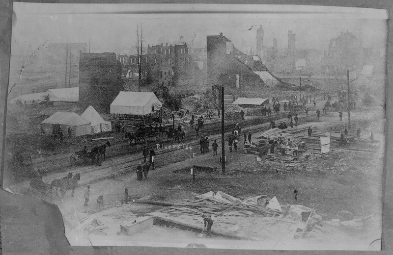Riverside Avenue after the fire. Businesses opened almost immediately in tents, and reconstruction efforts were supported by investors and donations from near and far.
