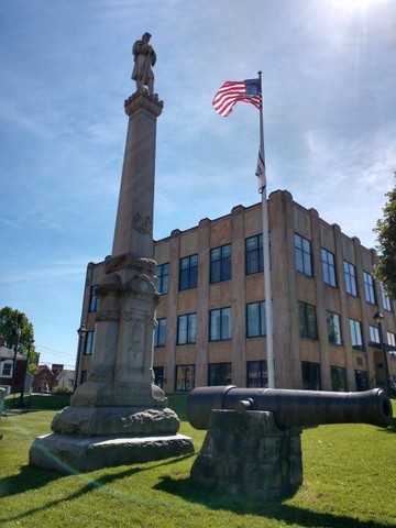View along Price Street (from northeast to southwest); includes cannon and Civil War Memorial