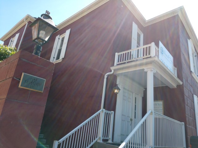 View of main entrance from Court Street includes plaque with street address (view from northeast to southwest)