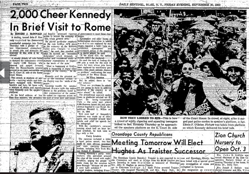 This portion of the 9/30/1960 Sentinel shows the coverage given to the campaign stop, which was attended by 2,000 people.