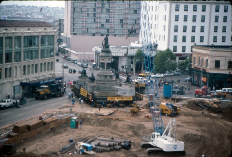 [Moving Pioneer Monument at the site of the new Main Library, Hyde Street and Grove Street]. July 10, 1993. Photo ID #: AAZ-0389. SAN FRANCISCO HISTORY CENTER, SAN FRANCISCO PUBLIC LIBRARY.