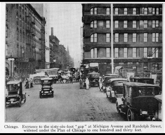 1918 picture of Michigan Ave. prior to the widening and building of the bridge (five years before the American Fore Building opened).