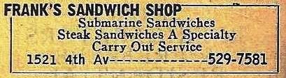 Frank's listing from 1973, advertising the famous steak sandwich