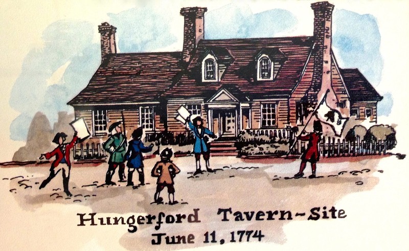 "Hungerford Tavern Site - Rockville, Maryland" by Carol Stuart Watson. The artist depicts the scene surrounding the Hungerford Tavern just after the Hungerford Resolves are announced. 