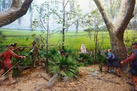 A historical model which can be found in the visitor's center at Fort Fredereica. This model depicts the English soldiers along with their highlander allies firing at the Spanish scouting party.