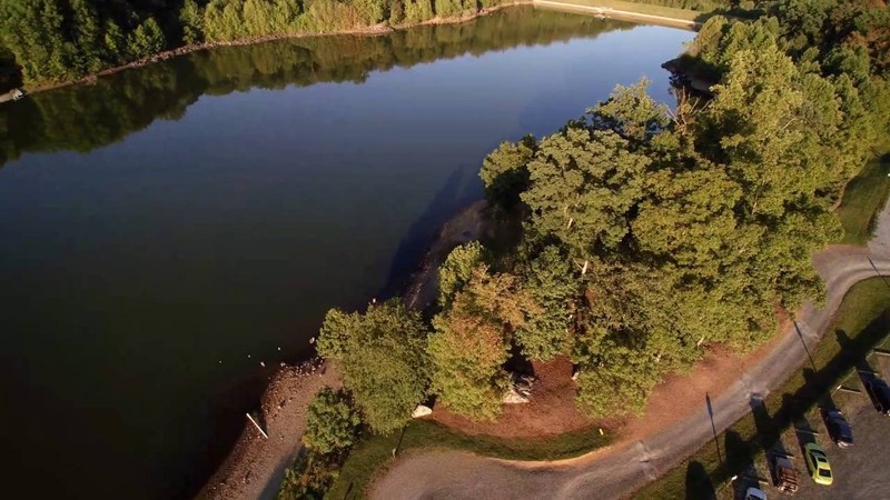 An aerial shot of Chambers Lake, a popular boating and fishing destination.