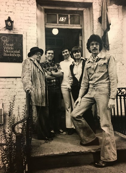 Tennessee Williams with owner Craig Rodwell and bookstore staff in front of the bookstore in 1976.  Photo from the Craig Rodwell Papers, New York Public Library.