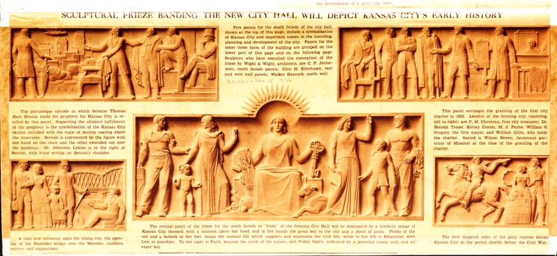 An image of the Kansas City Star article that details the friezes on the South face of City Hall.