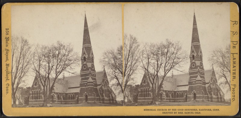 An exterior view (double exposure) of the church as it appeared when new (prior to the parish house being added).