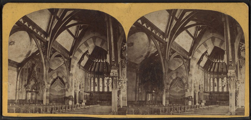 An interior (double) view of the church also dating from the late 19th century.