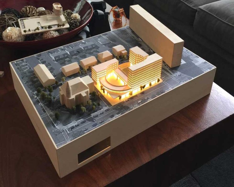 Model of the proposed development project. The mansion is on the bottom left corner. Photo: Makerhoods.org