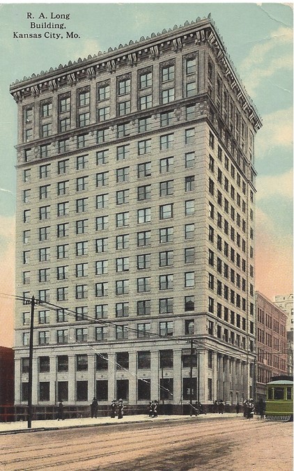 Early postcard of the R. A. Long Building. It was notably the first steel frame tower constructed in Kansas City. Image obtained from Squeezebox. 