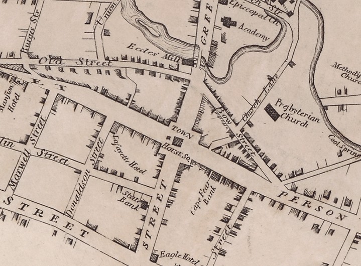 1825 map of Fayetteville showing the location of the original Lafayette Hotel.