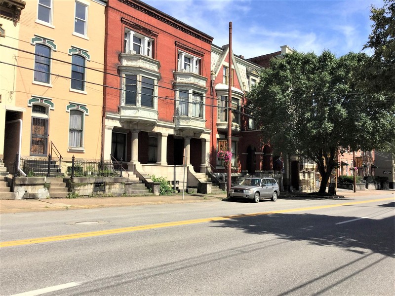 North Main Street looking southeast. The Eckhart House is shaded by the trees.